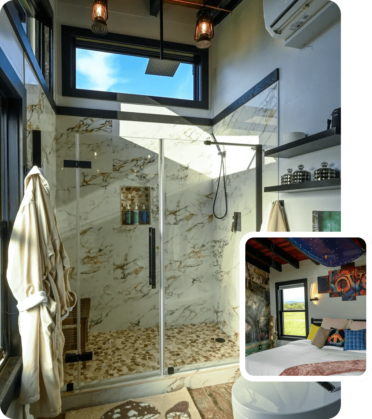 A bathroom with a shower and a bed in it