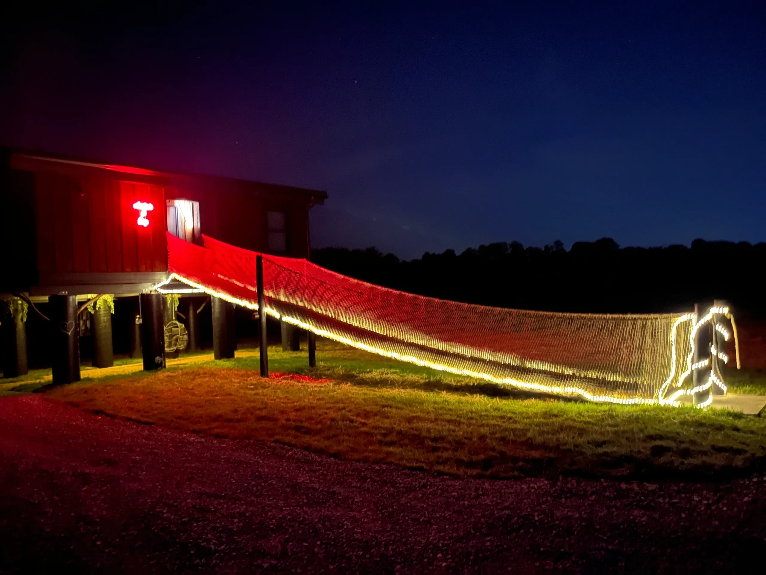 House with glowing rope bridge at night.