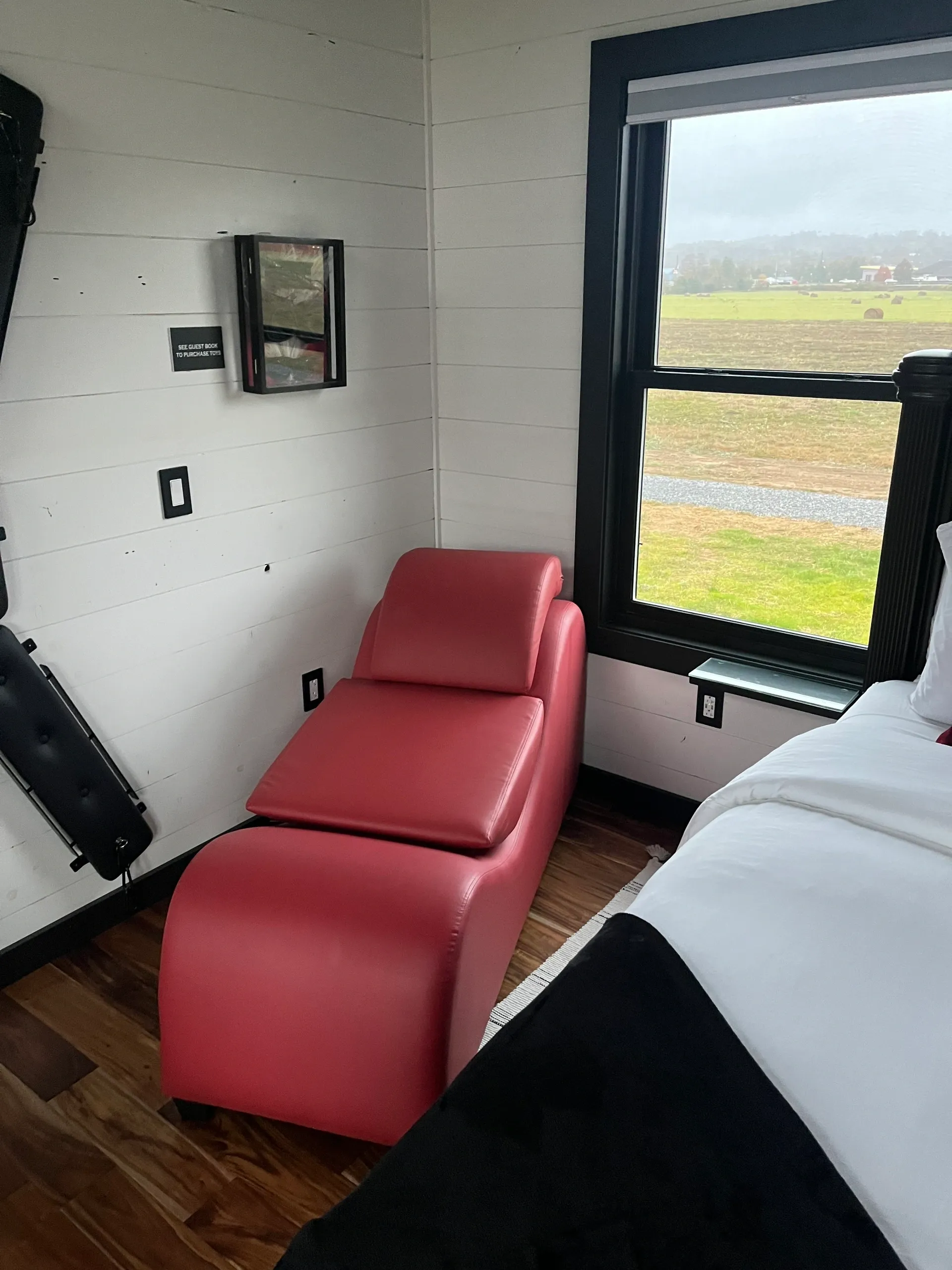 Red lounge chair by a window.