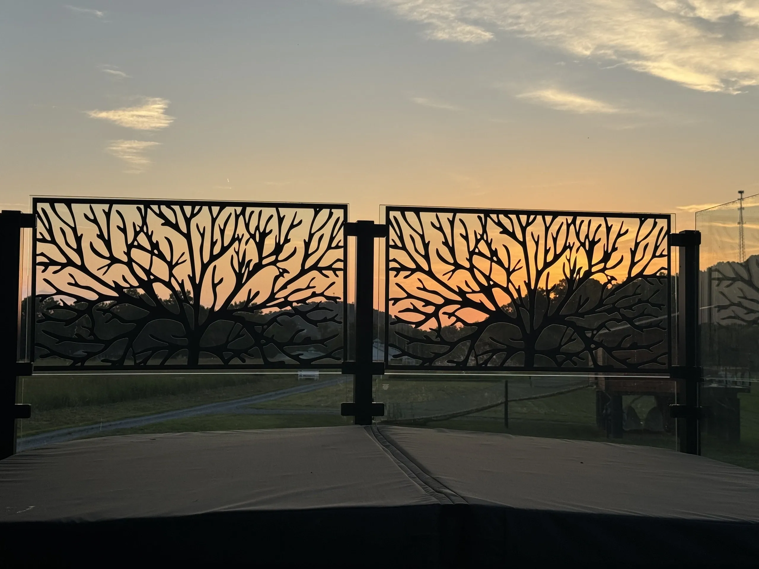 Sunset through decorative tree branch panels.